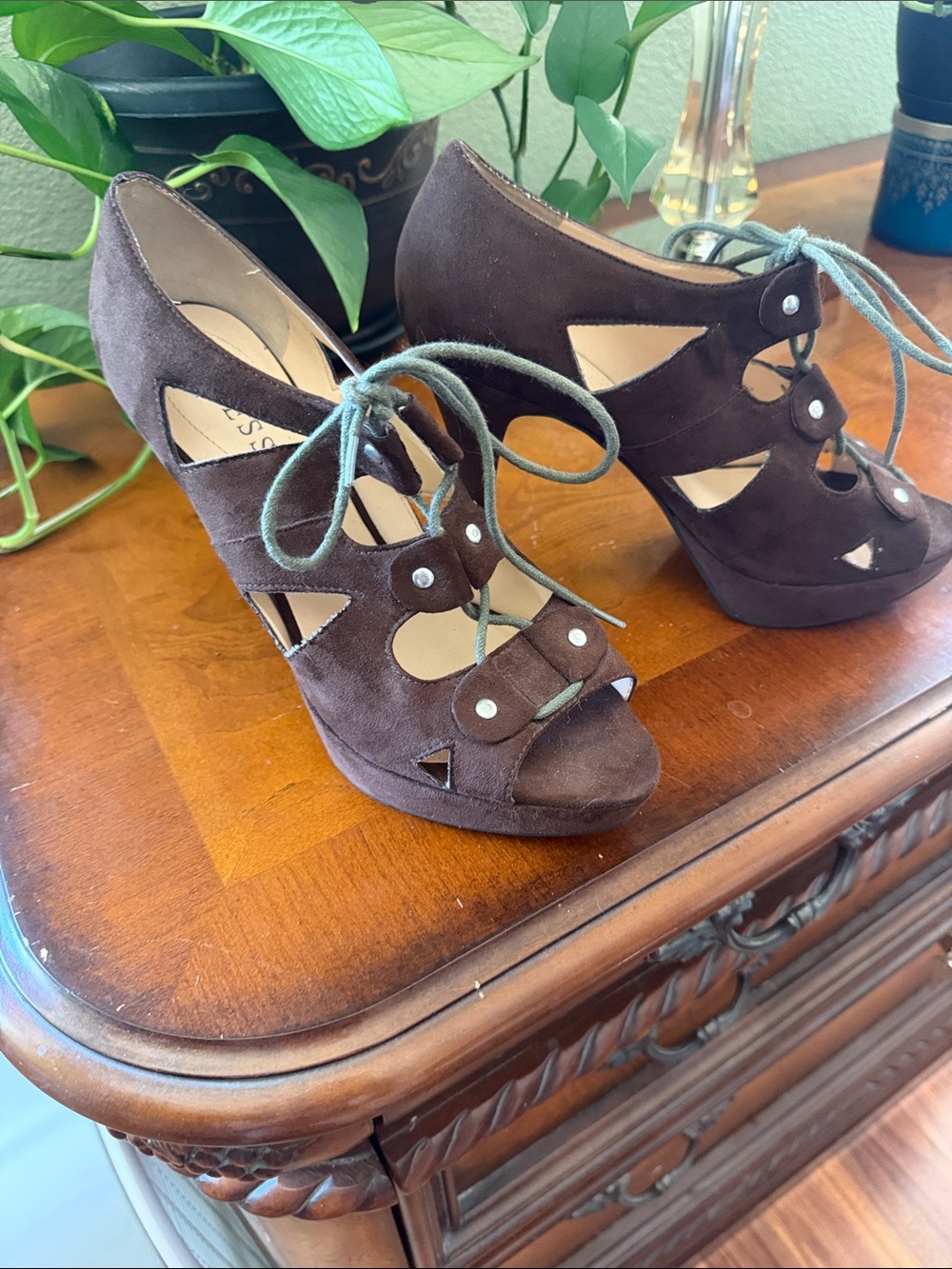 Guess Brown Suede Lace-Up Peep Toe Heels - Barely Worn